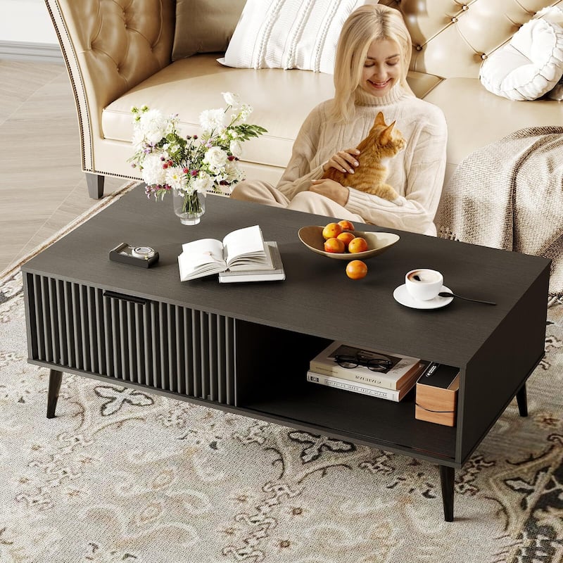 Coffee Table with Storage, 2-Tier Wooden Coffee Table with Sliding Door,
