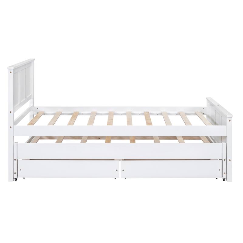 Twin Platform Bed with Trundle and Two Storage Drawers, Solid Pine Wood Frame, Space-Saving Design