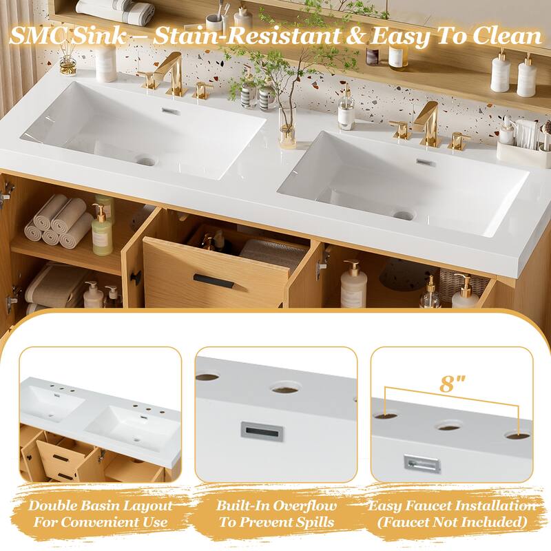 59.3" Double Sink Bathroom Vanity, Solid Wood Frame Vanity Cabinet, Double SMC Resin Sink - 59.3 Inch