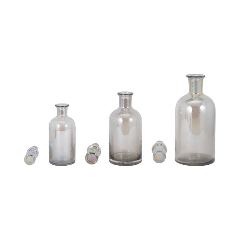 Sagebrook Home Callum Gray Glass Bottles, Grey, Cylinder, 16"H, Clear, 13/14/16", Set Of 3