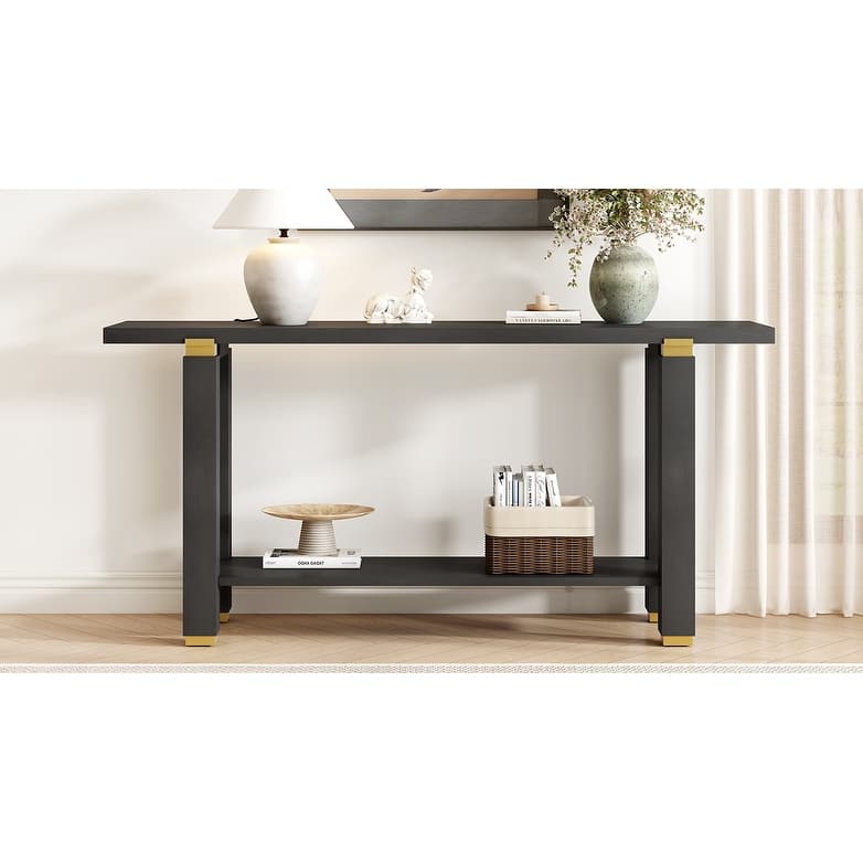 62.9'' Contemporary Minimalist Console Table, Solid Wood Entry Sofa Table Featuring Metal Accents And Built-In Shelf.