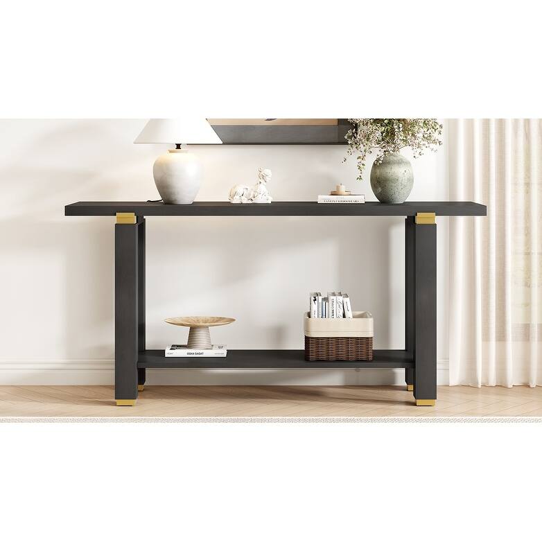 63" Narrow Long Console Table Entryway Sofa Table with Metal Accents & Bottom Storage Shelf for Living Room Hallway