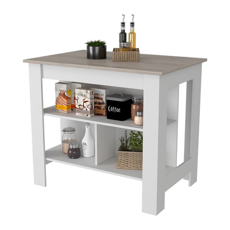 Dozza Antibacterial Kitchen Island with 3 Storage Shelves, Silver Nanoparticles Protection, Light Oak/White