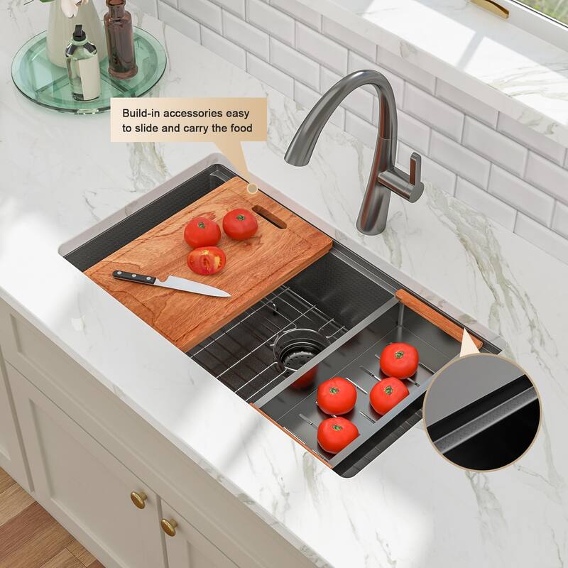 Kichae Undermount Workstation Sink 33 inch Black Workstation Sink with Honeycomb Coating - 33"x17"x10"