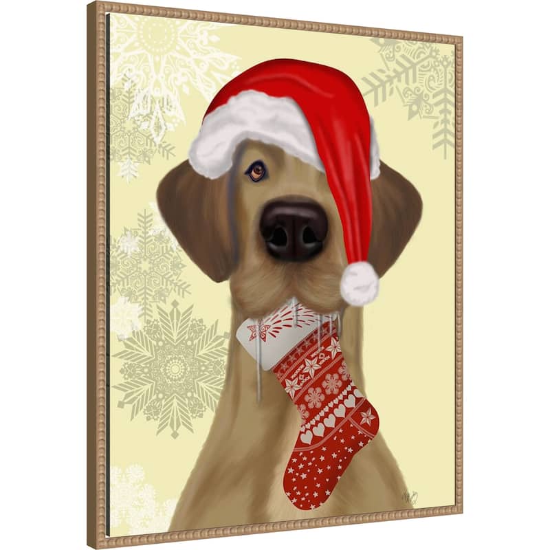 Christmas Drooly Christmas Dane by Fab Funky (23 x 28 in.), Framed Canvas Wall Art Print - Sylvie Beaded Rustic Natural