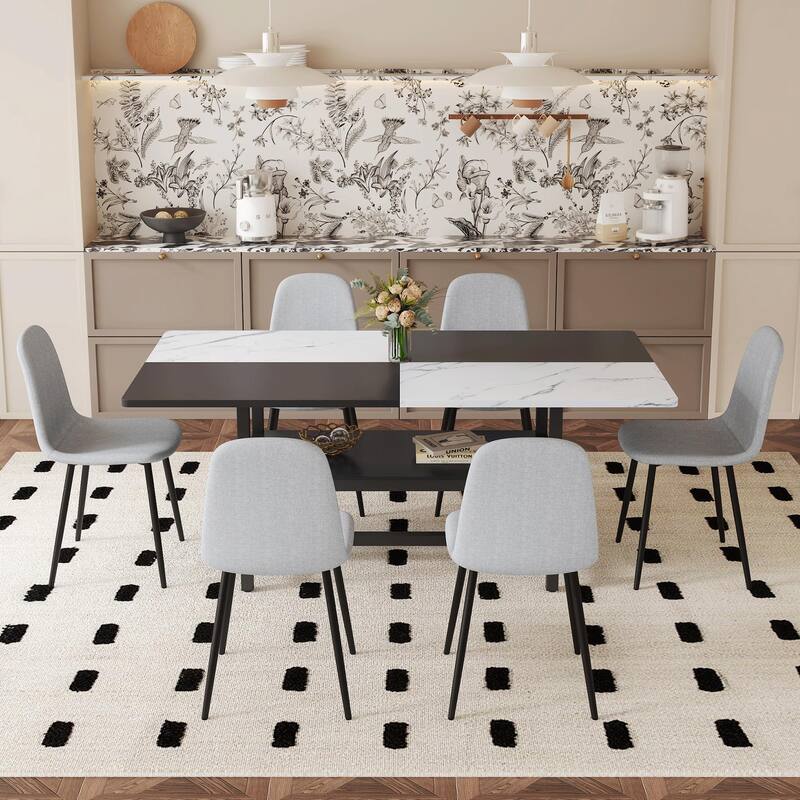 Dining Table with Storage, Scratch-Resistant MDF White & Black Top, Linen-Cotton Chairs, Iron Pipe Spraying Legs - Light Gray,White+Black