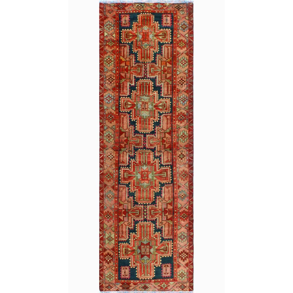Fine Vintage Distressed Amal Red/Navy Runner - 3'2" x 9'9"