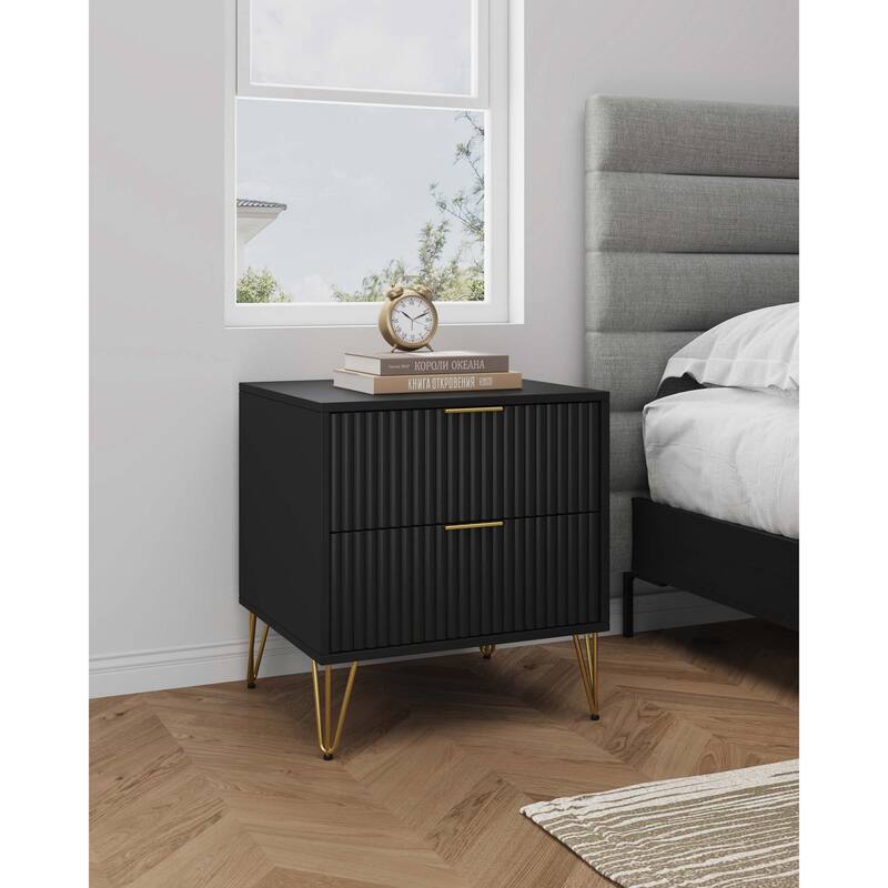 Manhattan Comfort Dumbo Mid Century Nightstand with 2 Drawer and Metal Feet. - Black