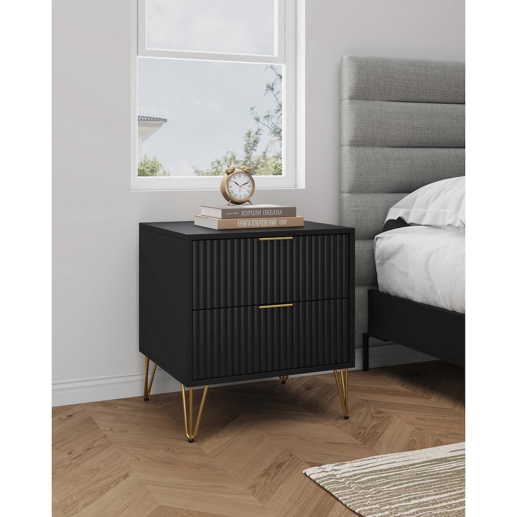 Manhattan Comfort Dumbo Mid Century Nightstand with 2 Drawer and Metal Feet.