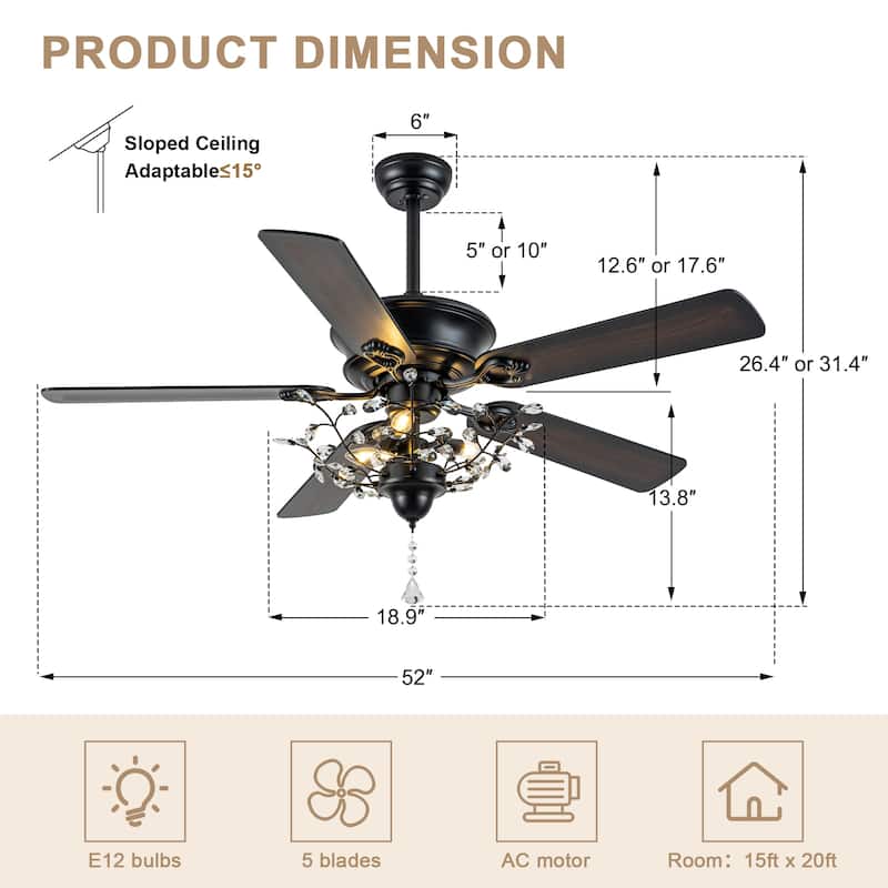 Bella Depot 52-inch Modern Crystal Ceiling Fan with Light Kit and Remote, 6-Speed Reversible Fandelier - 52"
