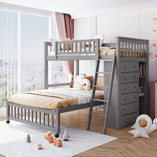 Roomfitters Twin Over Full Bunk Bed with Six Drawers, Flexible Shelves, and Rolling Bottom Bed, Space-Saving Wooden Frame