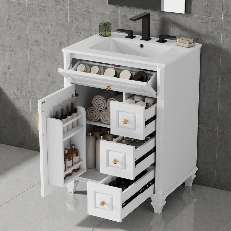 24 Inch Bathroom Vanity with Ceramic Sink, White Freestanding Vanity Cabinet with Flip-Out Drawer and Storage