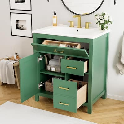 30-Inch Green Bathroom Vanity with Ceramic Sink, Flip Drawers & Ample Storage - Space-Saving Design for Small Bathrooms