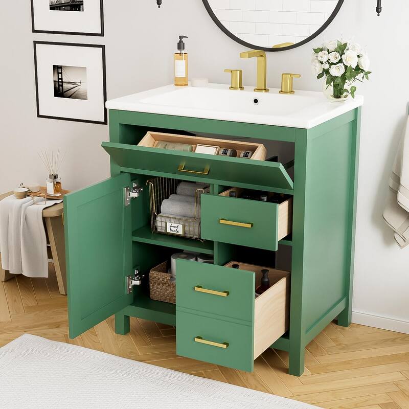 Modern 30-Inch Bathroom Vanity with Undermount Ceramic Sink, Solid Wood Frame, Adjustable Shelf & Storage Drawers - Green