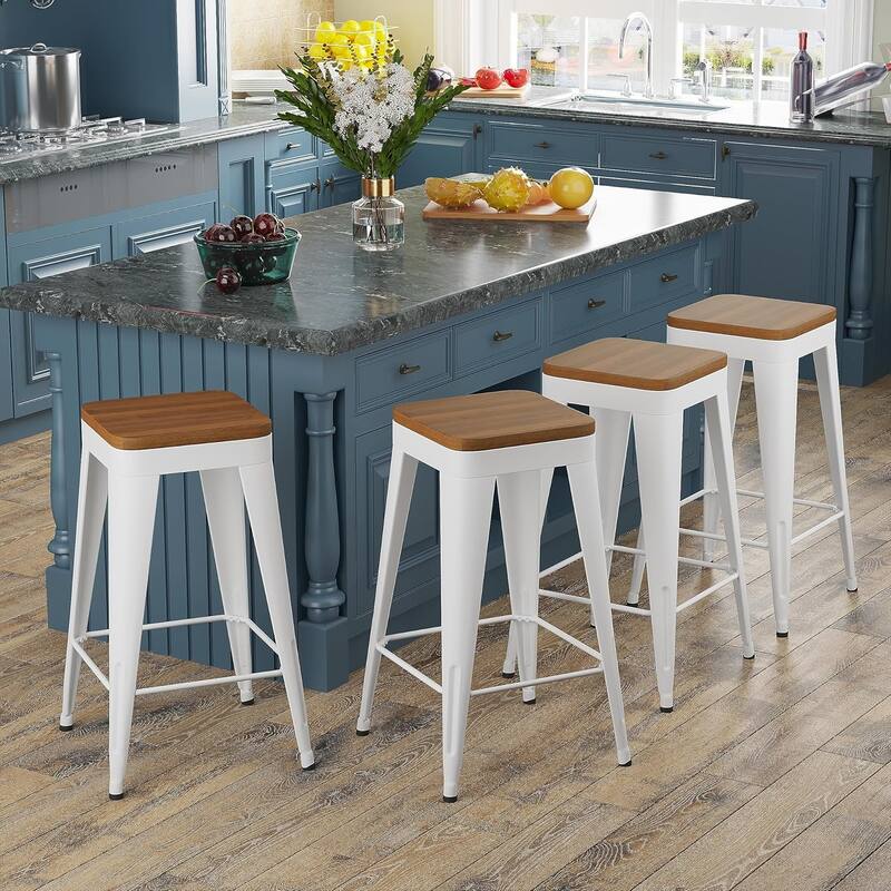 Counter & Bar Stools with Metal Frame Kitchen Stools Backless Kitchen Bar Furniture Stools with Square Wooden Seat - Off-White - Set of 4 - Counter Height