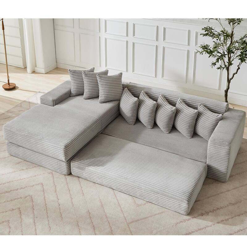 Floor Sleeper Sofa Bed Convertible L-shaped Modular Sectional Couch with Chaise, Corduroy Compression Sofa with Side Pockets