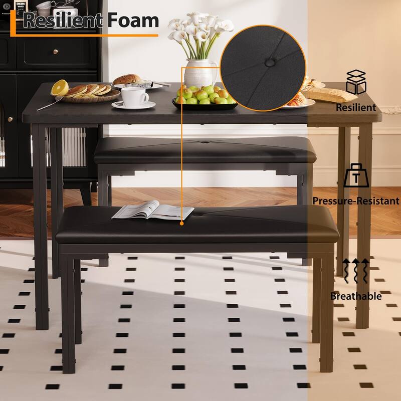 Dining Table Set for 4, Kitchen Table with 2 Benches with Metal Frame, Space-Saving
