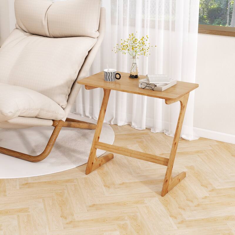 Costway Bamboo Sofa Side Table Z-Shaped Spacious Tabletop Space-Saving - See Details