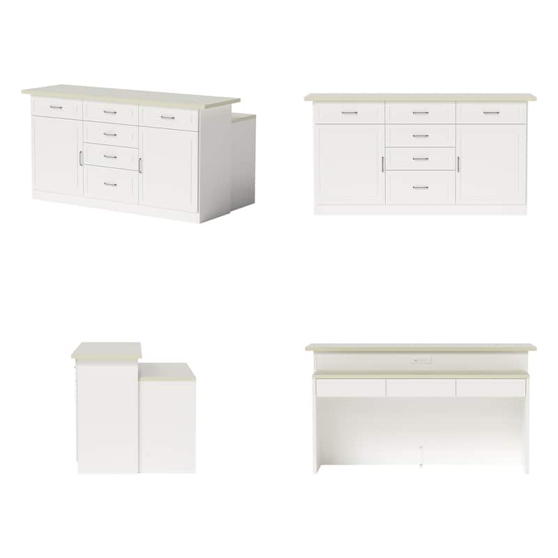 78.7" Kitchen Island with Faux Stone Top & Power Outlet Storage Cabinet with Drawers & Doors, Farmhouse White Kitchen Island