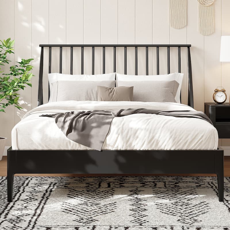 Bohemian Bamboo Spindle Platform Bed Frame with Wooden Slats and Metal Support, No Box Spring Needed, Low Profile Wingback Bed