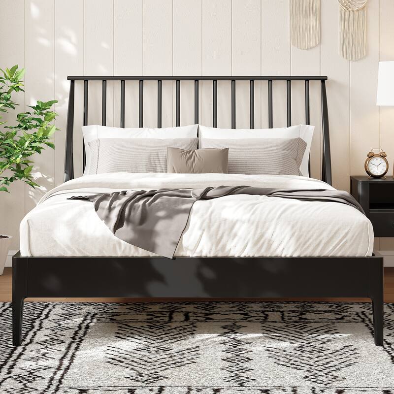 Solid Bamboo Platform Bed Bohemian Bed Frame with 46.5" Tall Spindle Headboard/Wooden Slats & Metal Support/No Box Spring Needed