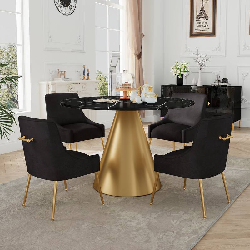 48" Marble Top Metal Dining Table with Velvet Dining Chair Set