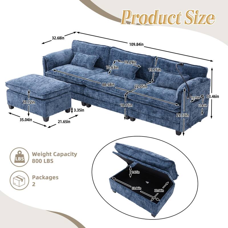 Modern Chenille Chaise Couch L-shaped Sectional Sofa with Storage Ottoman, Phone Holder, USB/Type-C Ports and Side Pockets