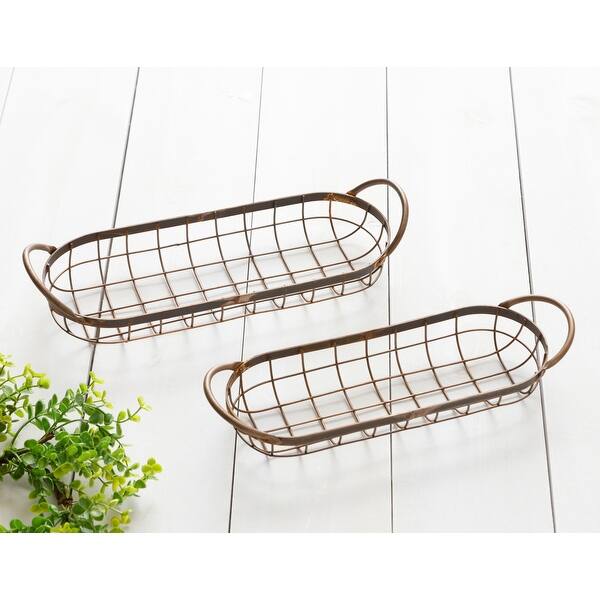 Set Of 2 Weathered Copper Finish Oval Wire Serving Trays - 3 X 15.5 X 5 