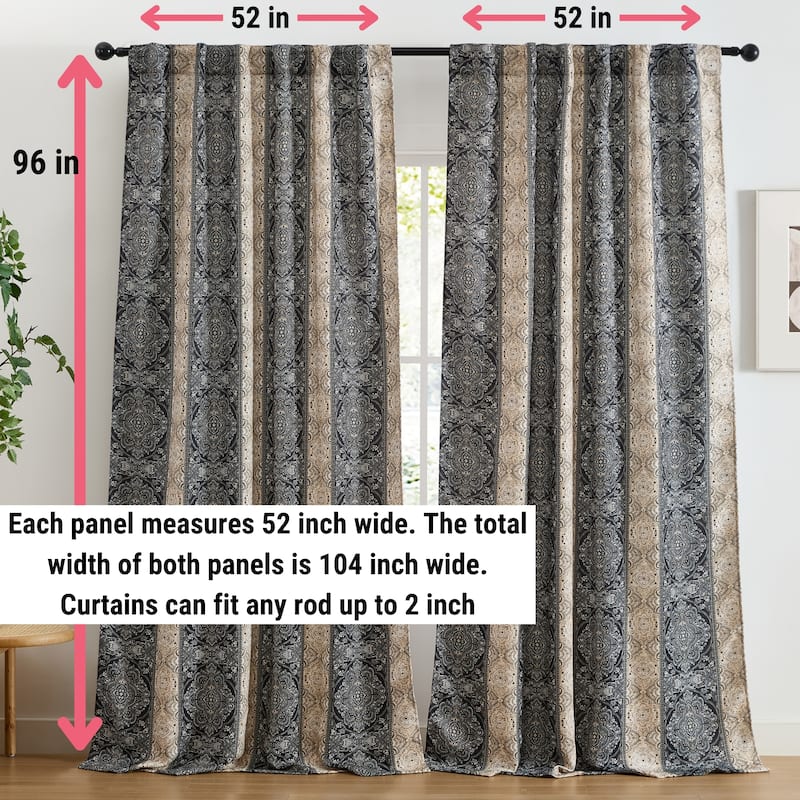HLC.ME William Boho Damask Striped Window Back Tab Rod Pocket Curtains - Light Blocking Darkening Panels, Set of 2