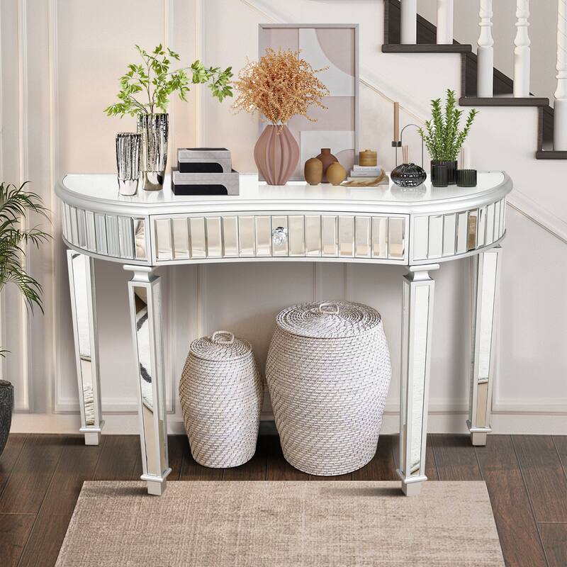 47" Half-Moon Mirrored Console Table with Crystal Knob Drawer