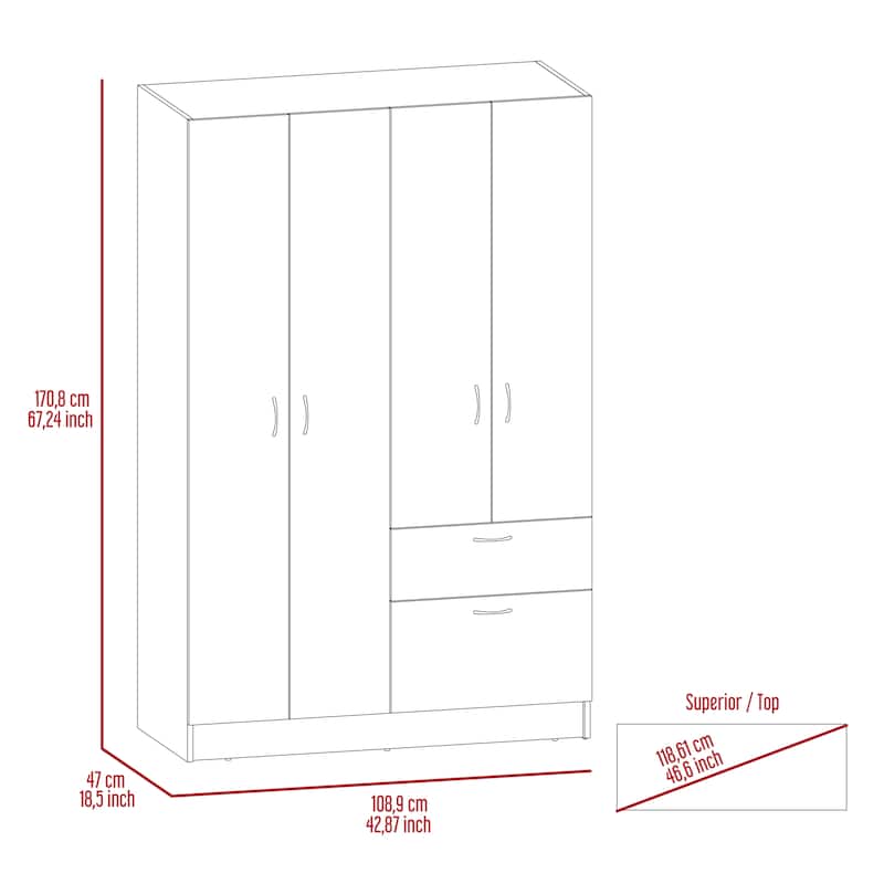 18.5" Modern Four-door Armoire with Hanging Rod and Spacious Drawer for Bedroom