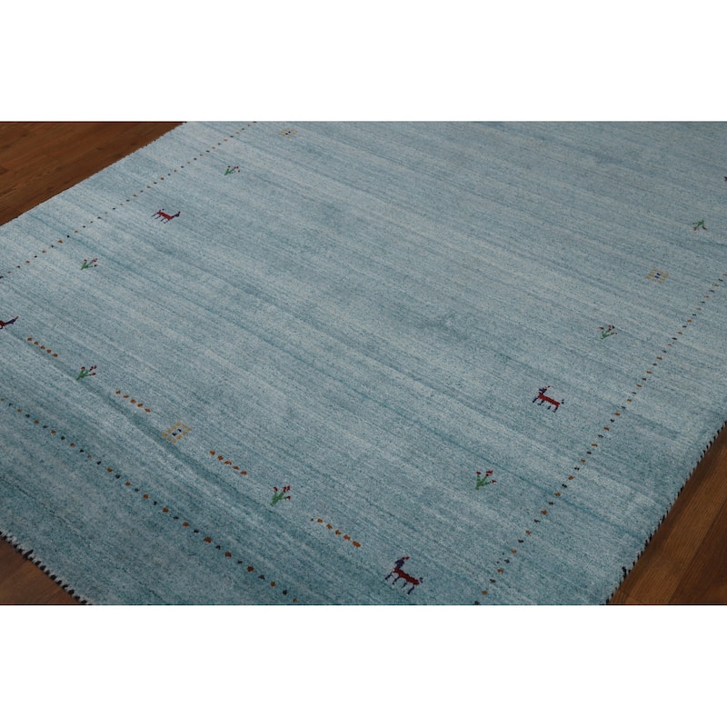Light Blue Tribal Gabbeh Oriental Area Rug Hand-Knotted Wool Carpet - 5'0" x 7'11"