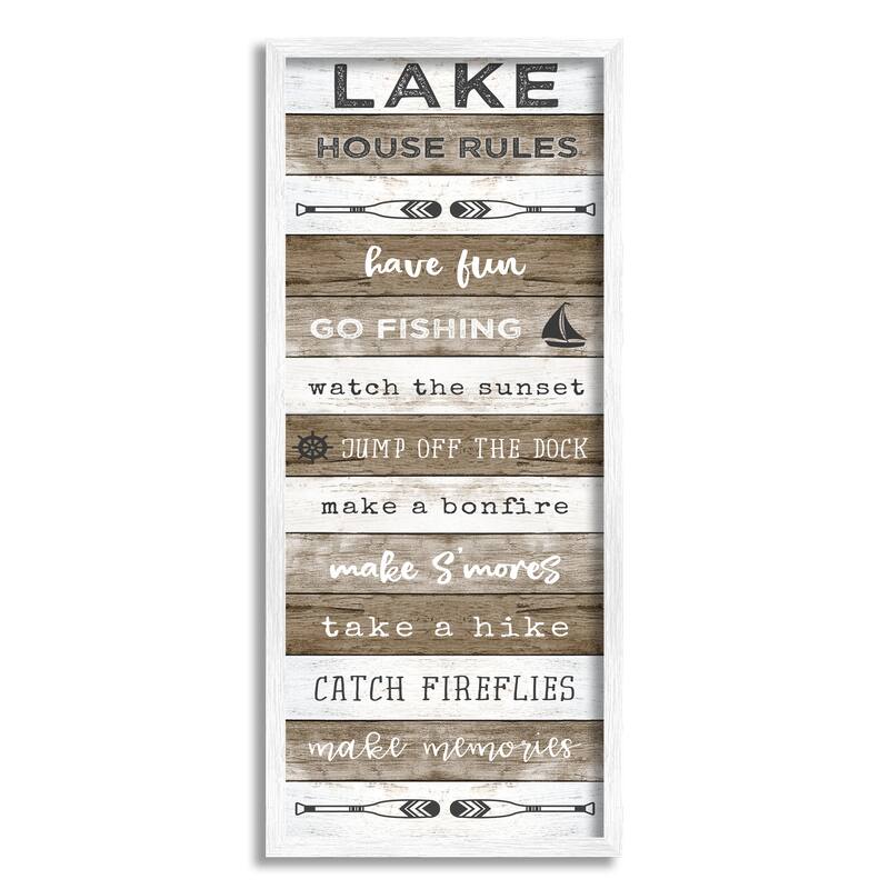 Stupell Lake House Rules List Rustic Pattern Boat Oars Framed Wall Art - White