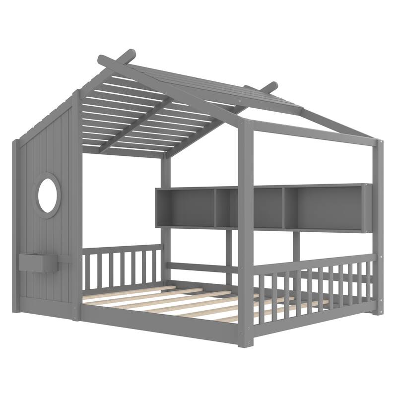 House Bed Frame for Toddler Floor Bed, Kids Montessori Bed with Storage Shelf and Round Window, Playhouse Bed with Roof Design