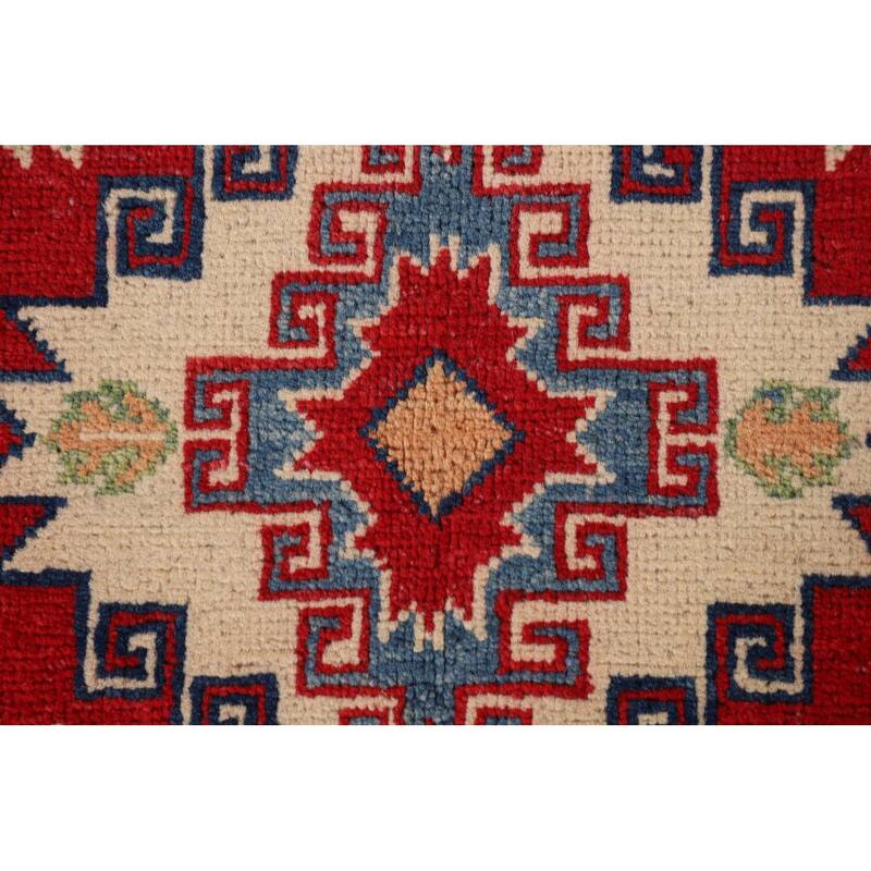 Geometric Kazak Oriental Accent Rug Handmade Red Wool Carpet - 3'3"x 5'0"