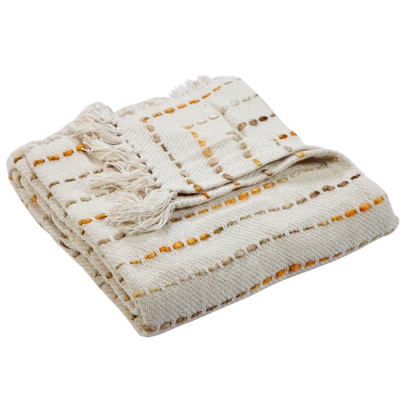 Sevita Hand-Woven Natural Cotton Striped Standard Size Throw Blanket with Fringe - Yellow