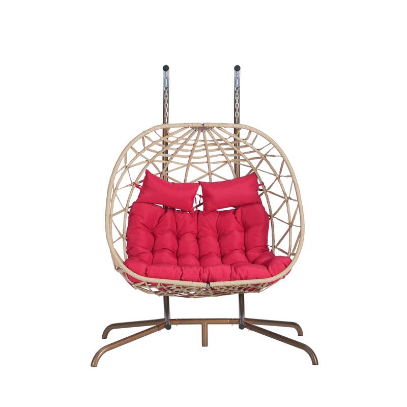 Double Rattan Egg Chair with Stand and UV-Resistant Cushions and Iron Frame - Outdoor Hanging Swing (600lb Capacity)