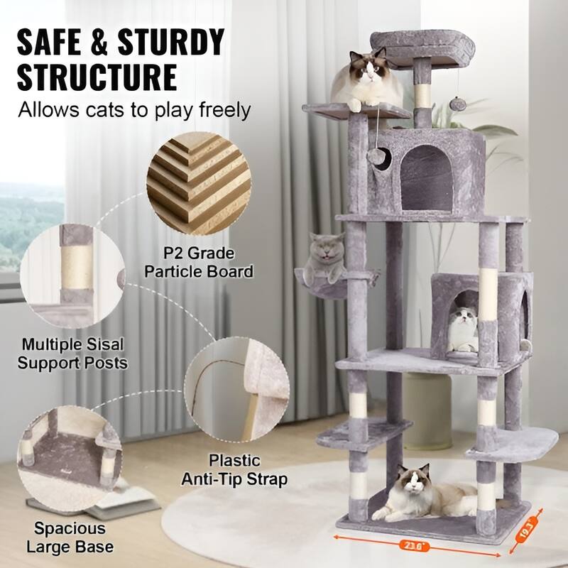 Light Grey Plush 8-Layer Cat Tree with Condos, Hammock and Toys