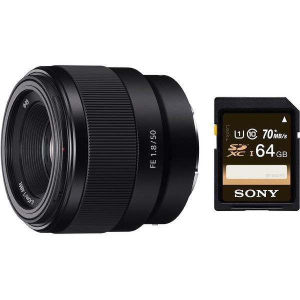 Sony FE 50mm F1.8 Lens & Sony 64 GB SD Card - black