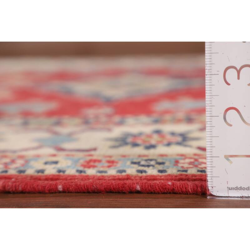 Geometric Kazak Accent Rug Handmade Red Wool Carpet - 3'4" x 5'0"