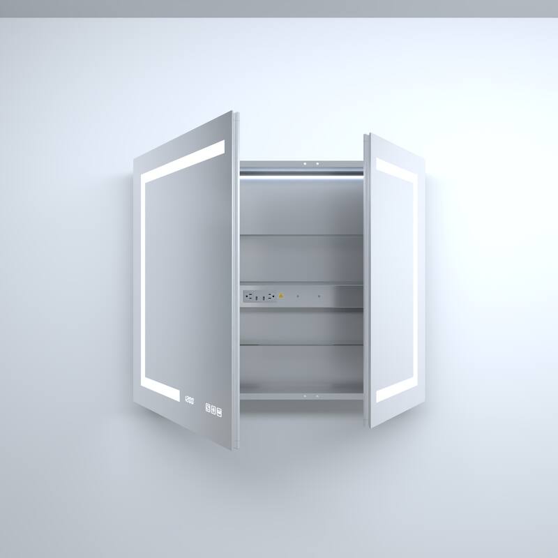 Rectangular Aluminum Recessed/Surface Mount Medicine Cabinet in Silver with Mirror LED and Clock