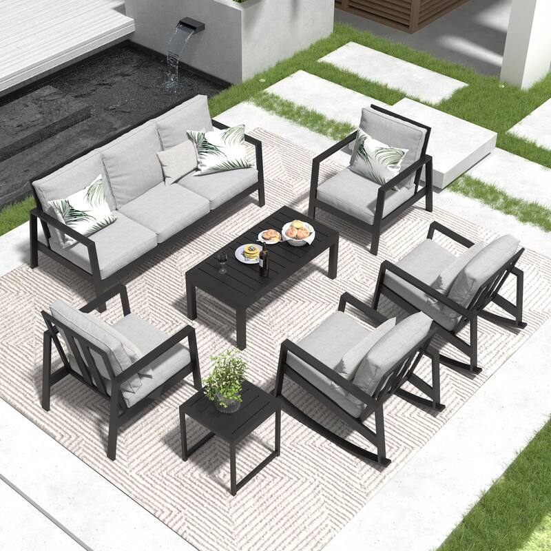 7-Piece Outdoor Sofa Seating Group With Rocking Chairs And Coffee Table