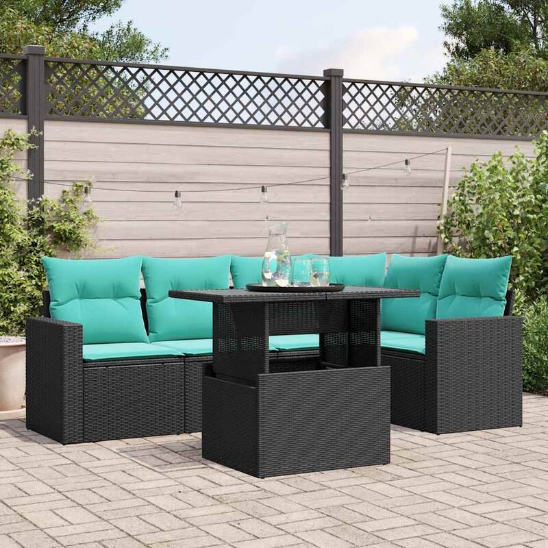 vidaXL 6 Piece Patio Sofa Set with Cushions Black/Brown/Gray Poly Rattan - Black without storage