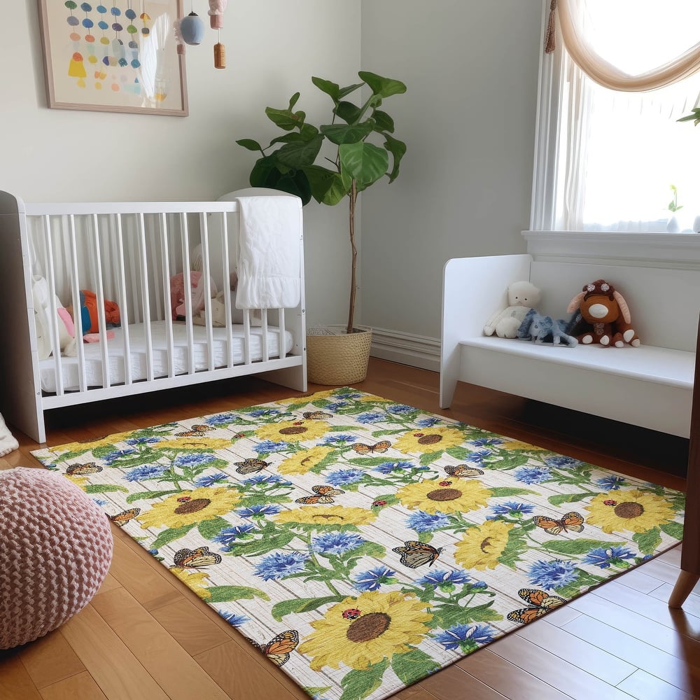 Premium Washable Super Soft Sunflower Butterfly Garden Mayfield Rug