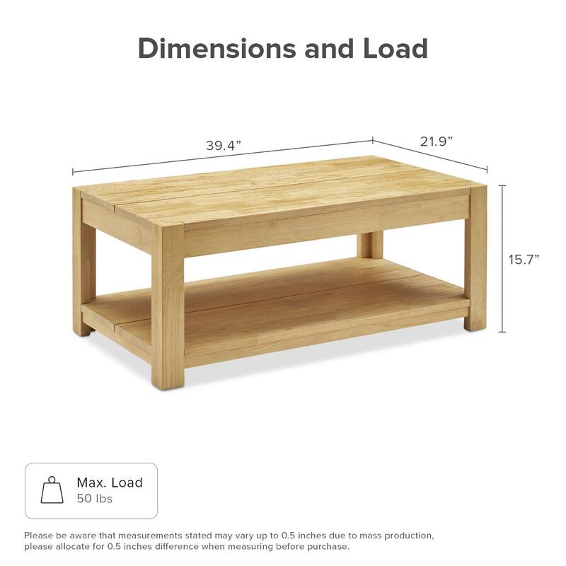 Mopio Logan Solid Wood 2-Tier Coffee Table, Modern Farmhouse Solid Rubberwood with light wire brush L Shaped Leg Joint
