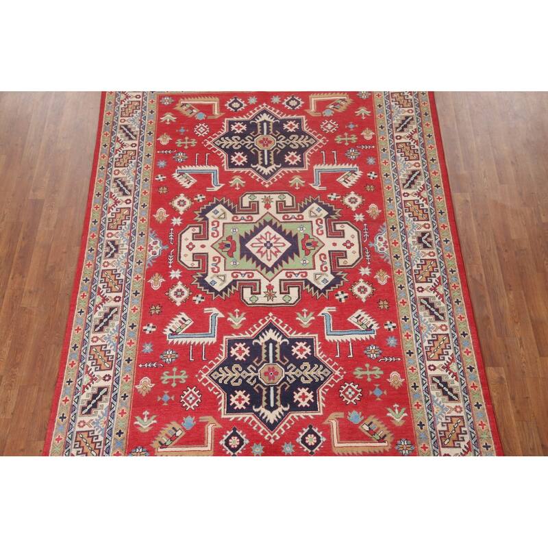 Hand Knotted Oriental 100% Wool Carpet Traditional Geometric Red Kazak Area Rug - 9' 6'' X 6' 4''