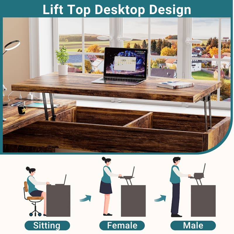 Modern Farmhouse Lift Top L-Shaped Desk with Charge Station, Corner Desk with File Drawers for Home Office