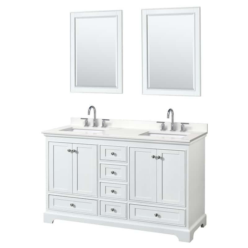 Deborah 60-inch Double Vanity, Quartz Top, 24-inch Mirrors - White, Chrome Trim, White Quartz Top