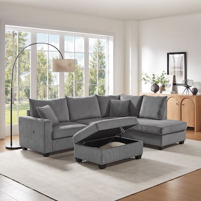 Rowan 107"W Dark Gray Corduroy Fabric Sectional Sofa with Right Facing Chaise, USB & USB-C Port, Storage Ottoman, and Pillows