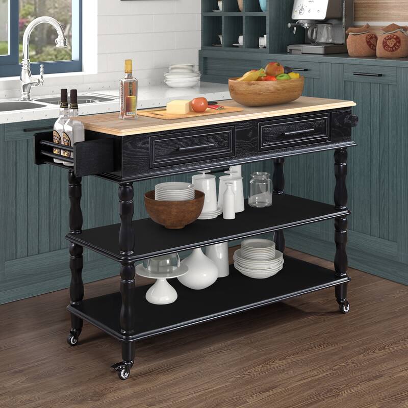 Open 2-sided Kitchen Island on Wheels with OAK Wood Top, Portable Rolling Kitchen Cart with Towel Rack and Spice Rack, Black